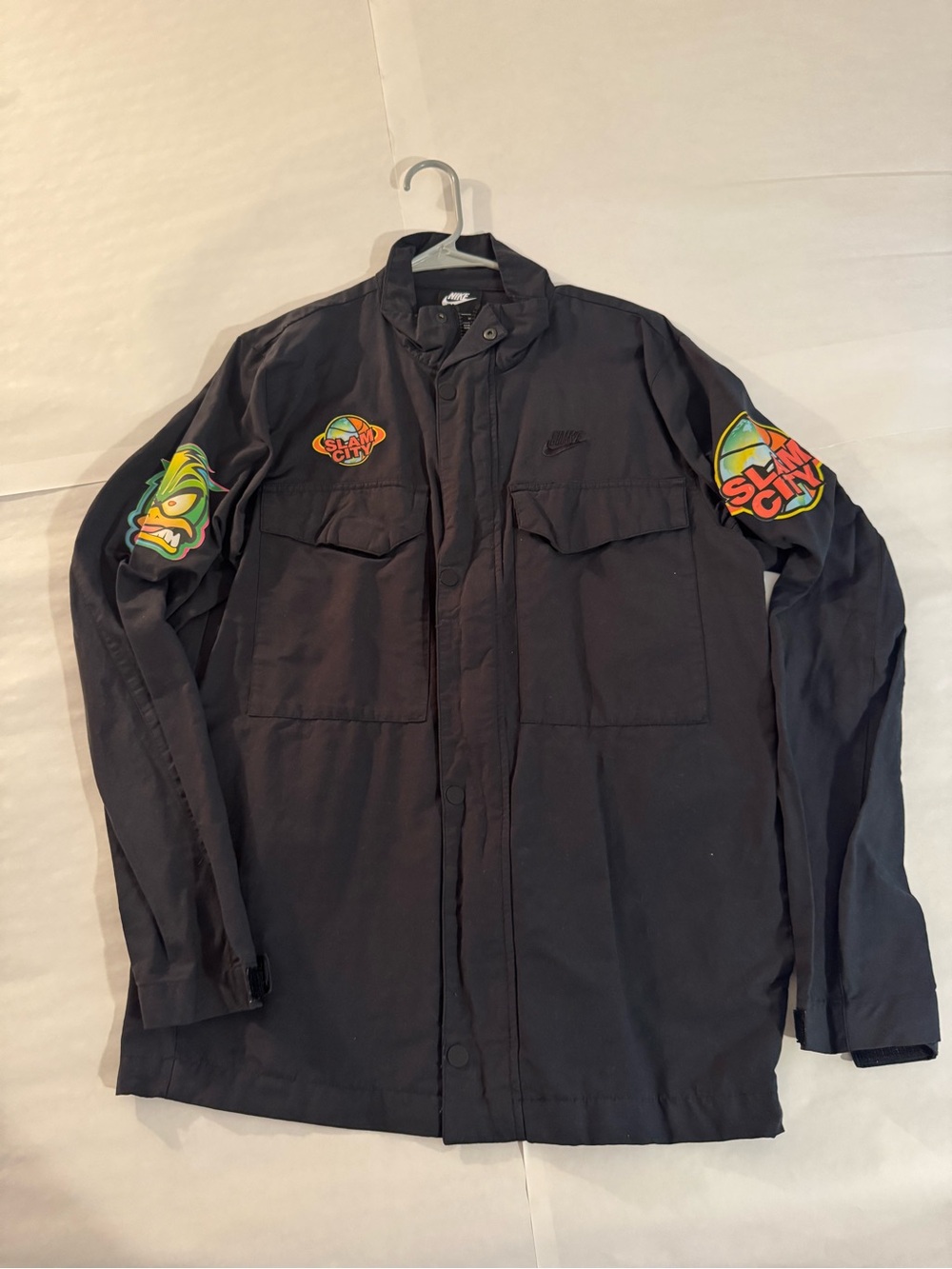 Vintage Nike Men’s Black Utility Jacket with Graphic Sleeve Patches